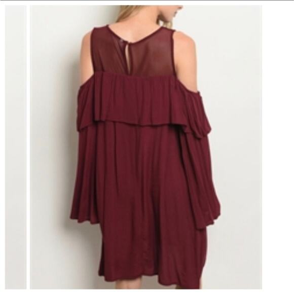Cold Shoulder Burgundy Dress Long Sleeve Layered Ruffle Detail - Picture 2 of 9